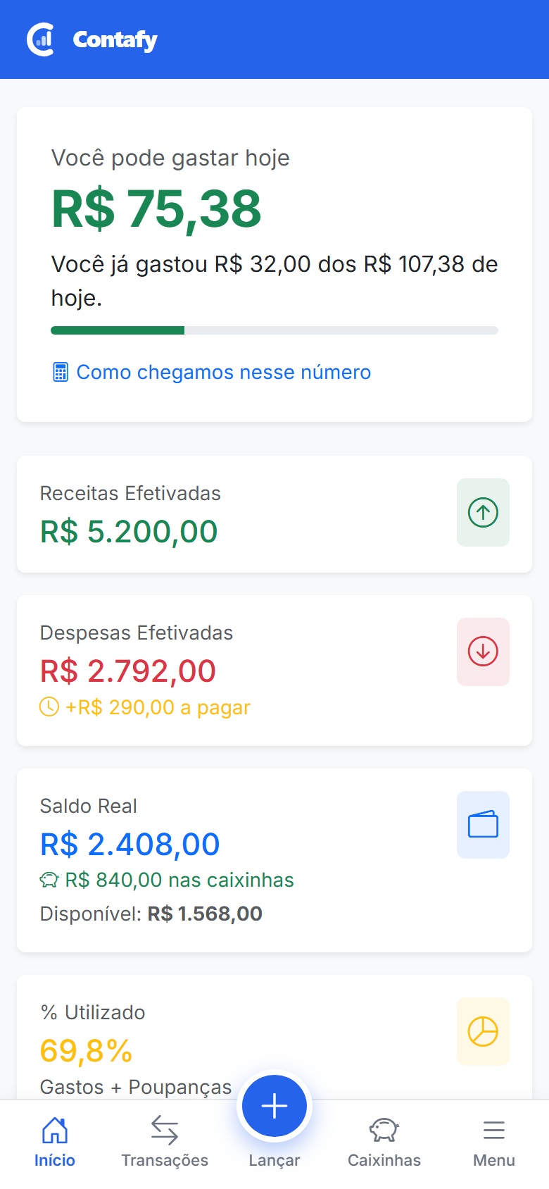 Painel do Contafy no celular mostrando quanto você pode gastar hoje
